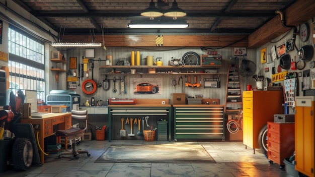 Home suburban car garage interior filled with various tools and equipment workbench