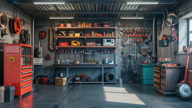 Home suburban car garage interior filled with various tools and equipment workbench