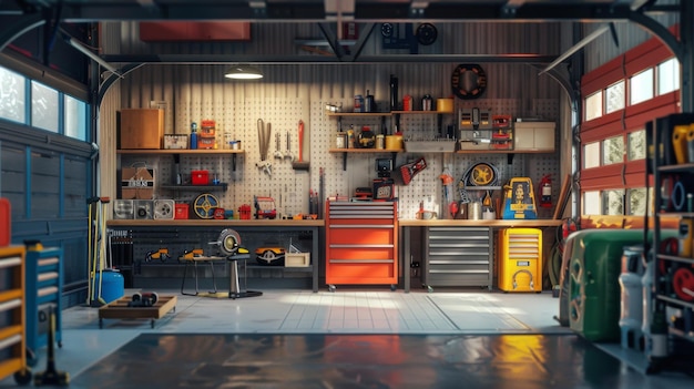 Home suburban car garage interior filled with various tools and equipment workbench