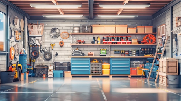 Home suburban car garage interior filled with various tools and equipment workbench