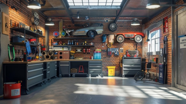 Home suburban car garage interior filled with various tools and equipment workbench