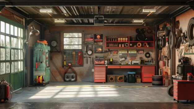 Photo home suburban car garage interior filled with various tools and equipment workbench