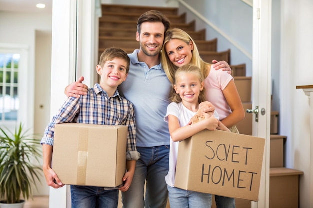 Photo home sweet home excited family embraces new beginning