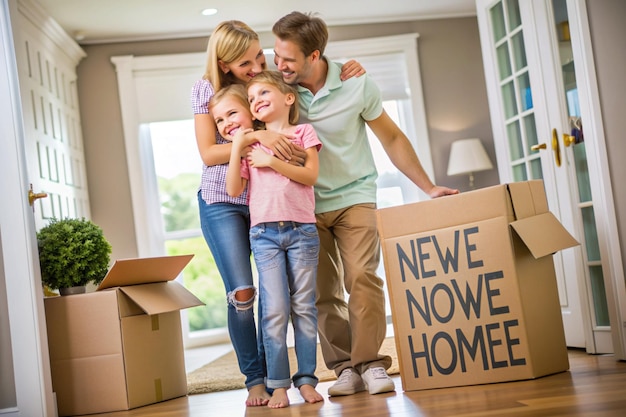 Photo home sweet home excited family embraces new beginning