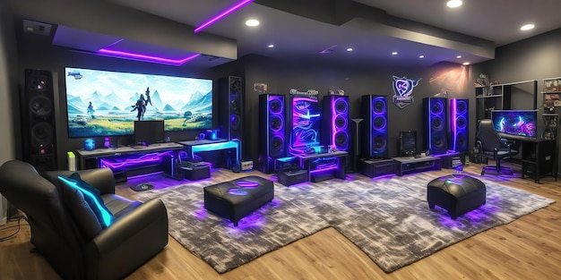 A home theater with a large screen that says'i'm a gamer '