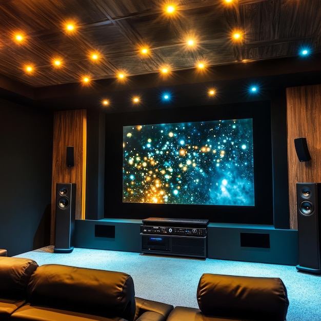 Photo home theater with projector and large screen displaying a starry night sky