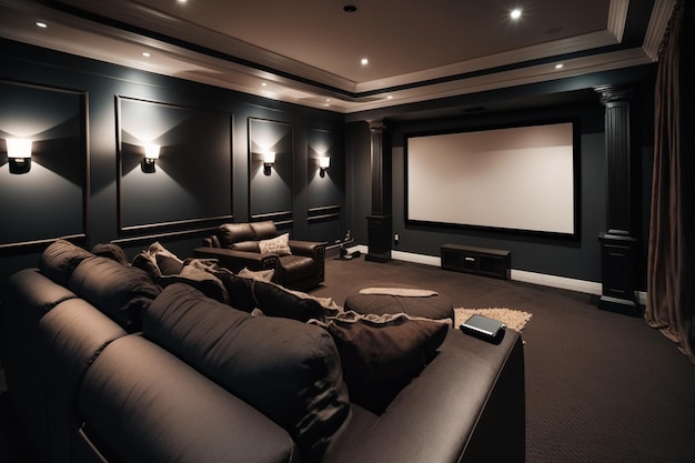 A home theater with a screen that says home theater.