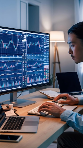 Home trader analyzing forex trading charts on computer screen investment