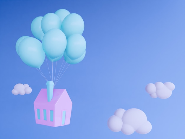 Home with ballon floating in sky.3d render background.