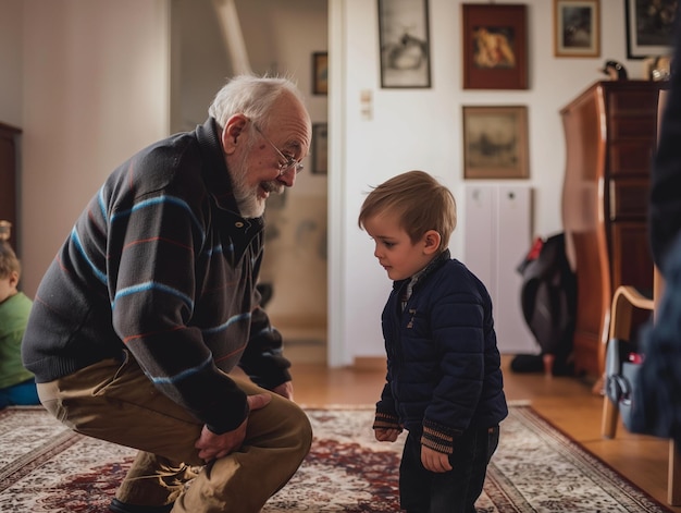 At home with family grandfather watching over his nephew grandparents and grandson playing