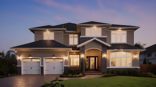 A home with a garage and a house with a sky background