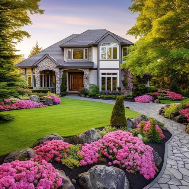 a home with a garden and a large rock wall with a large planter that says quot welcome to the house