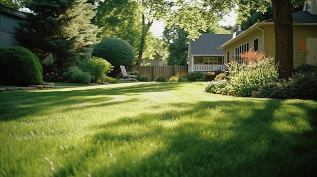 Photo a home with a lawn that has a fence and a lawn with a large lawn that has a large grassy yard