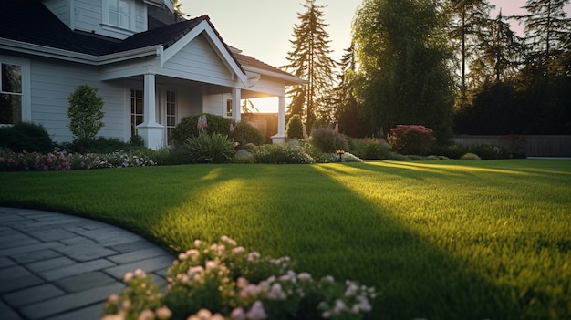 Photo a home with a lawn and a walkway leading to it