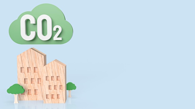 Home wood and green cloud for co2 concept 3d rendering