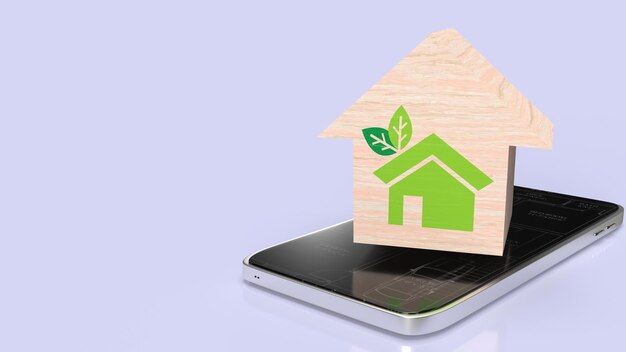 The home wood on mobile for eco or technology concept 3d rendering