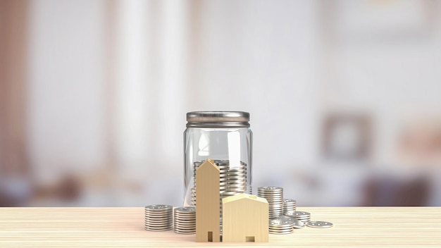 The home wood toy and jar coins for saving or property concept 3d rendering