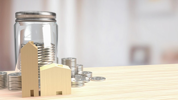 The home wood toy and jar coins for saving or property concept 3d rendering