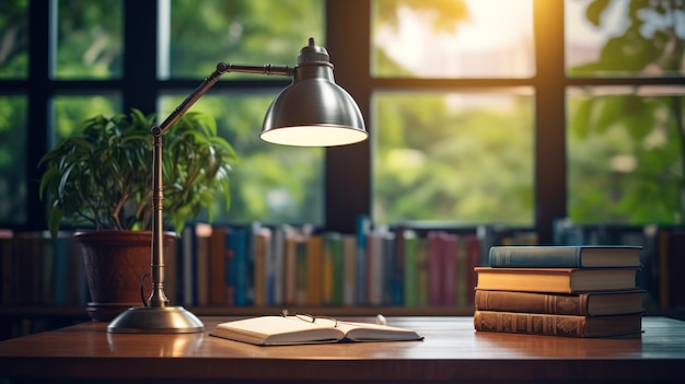 Home workplace library with wooden table books and desk lamp near window on blur nature background