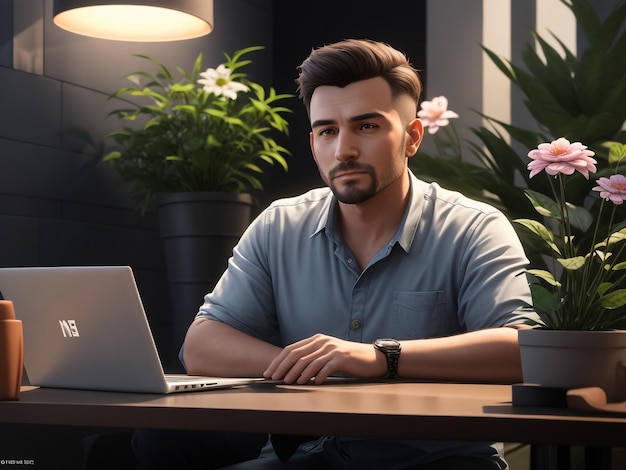 Home workplace Man working with computer at wooden desk in room at night