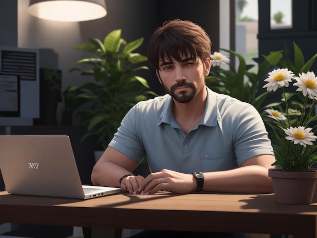 Home workplace Man working with computer at wooden desk in room at night