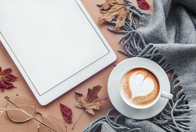 Home workplace with coffee cup