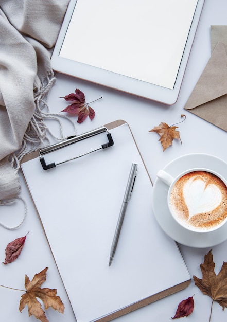 Home workplace with coffee cup