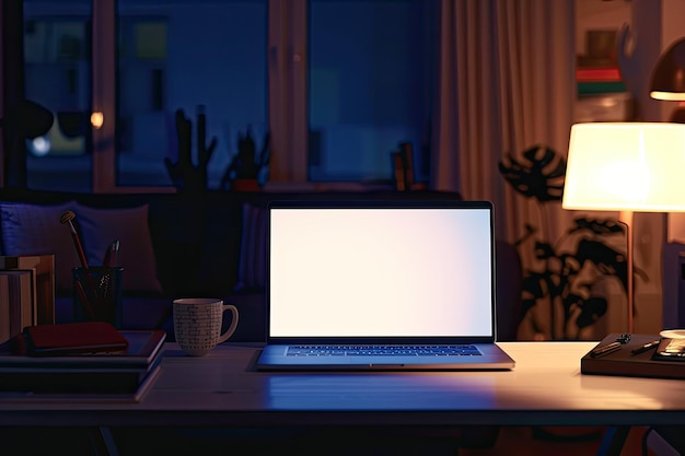 A home workspace at night a laptop computer with a white screen mockup on the table in a room