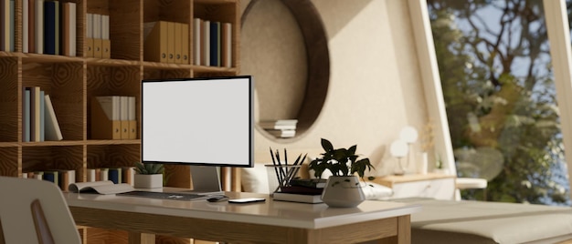 Home workspace with computer mockup on table in modern and cozy bedroom