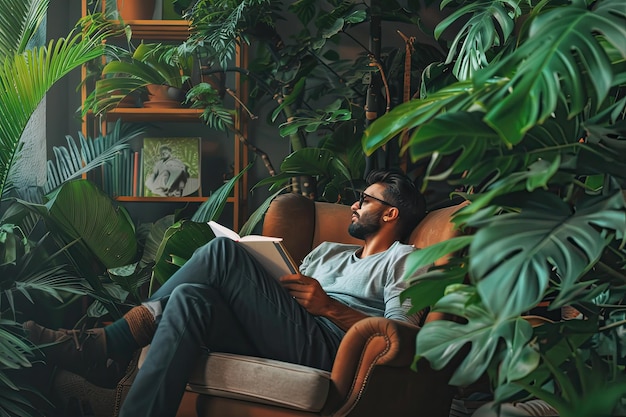 Homebound tranquility man unwinding with a book in a cozy chair amidst refreshing green plants at