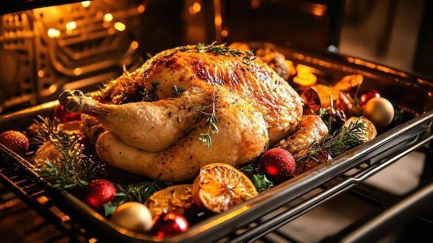 Photo homecooked roasted chicken fresh out of the oven surrounded by holidaythemed decor warm glow