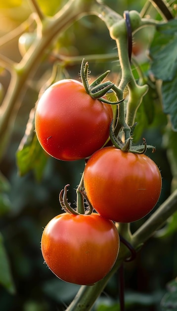 Homegrown ripe tomatoes on vine in greenhouse for autumn harvest on organic farm