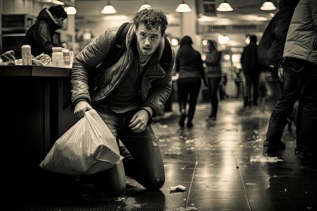 Homeless beggar man sitting in the street looking for food customer in a busy food court in a highcrime area waiting for their food to be picked up AI Generated