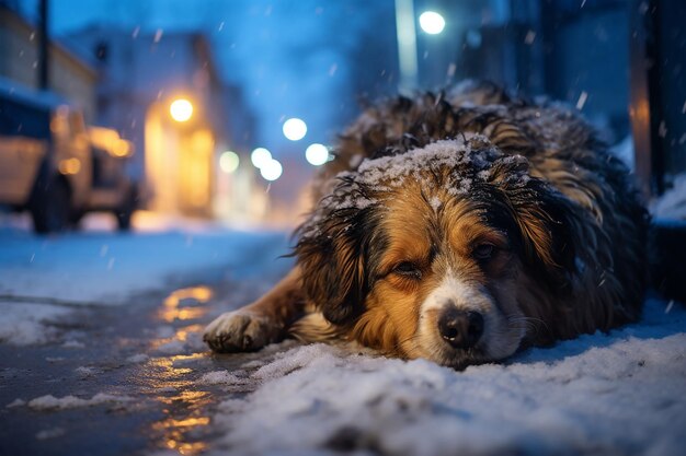 homeless dog sleeping on the street in winter