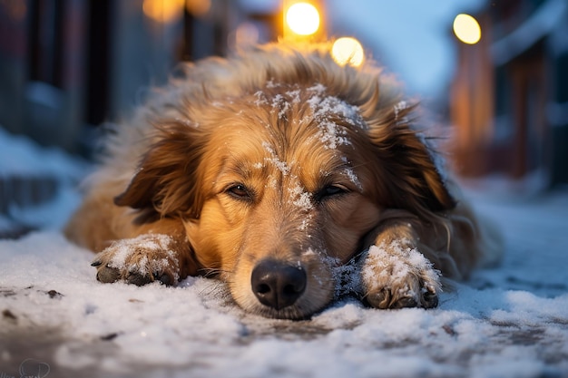 homeless dog sleeping on the street in winter