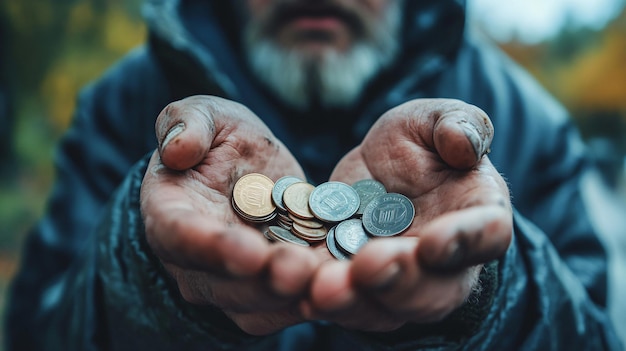 Photo homeless man holding coins outdoors closeup