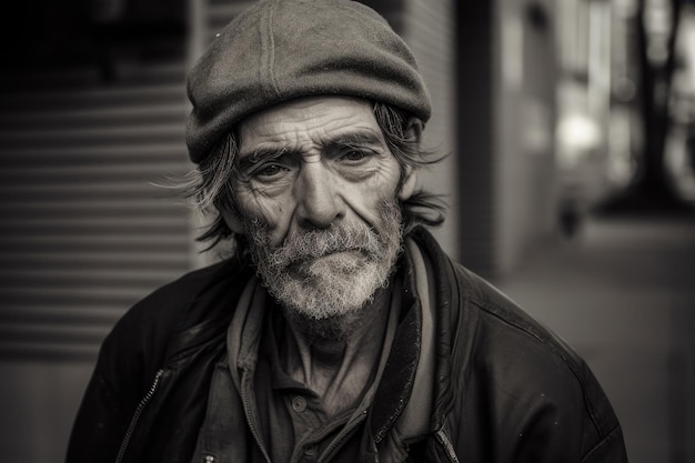 Homeless man portrait Aged bearded man Generative AI