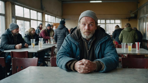 A homeless man sits alone at a table in a crowded indoor dining area quietly contemplating his surroundings