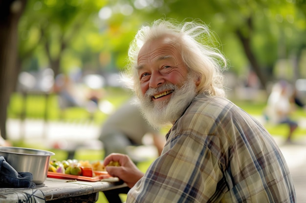 Homeless man sits at an outdoor table surrounded by food at a place to help the poor