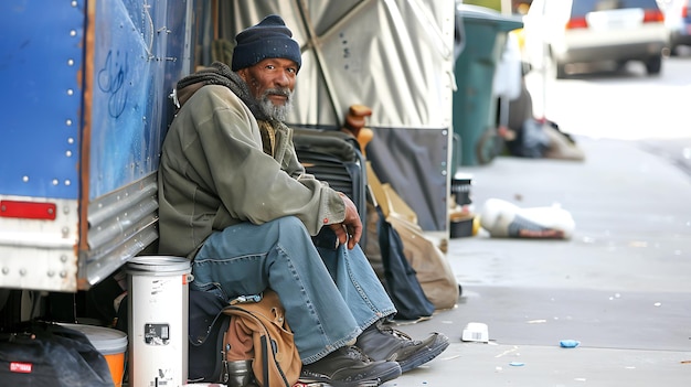 A homeless man sits on the sidewalk next to his belongings He is wearing a beanie a jacket and jeans He has a beard and a weathered face