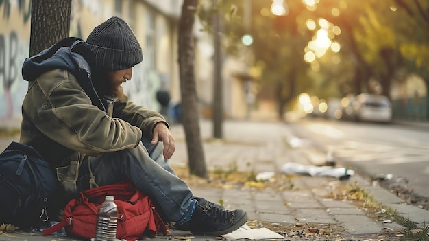 A homeless man sits on the sidewalk with his head in his hands He is wearing a dirty and tattered coat and a beanie His backpack is next to him