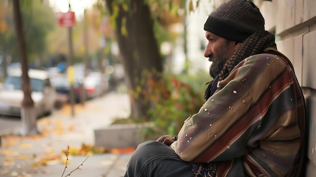 A homeless man sits on the sidewalk with his head in his hands He is wearing a tattered coat and a beanie