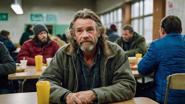 Photo homeless man at a table in a busy shelter portraying resilience and the need for community support and compassion