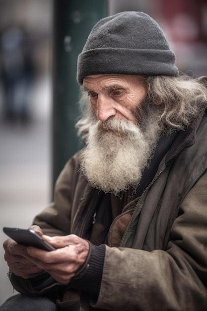 Homeless man using a smartphone outside created with generative ai