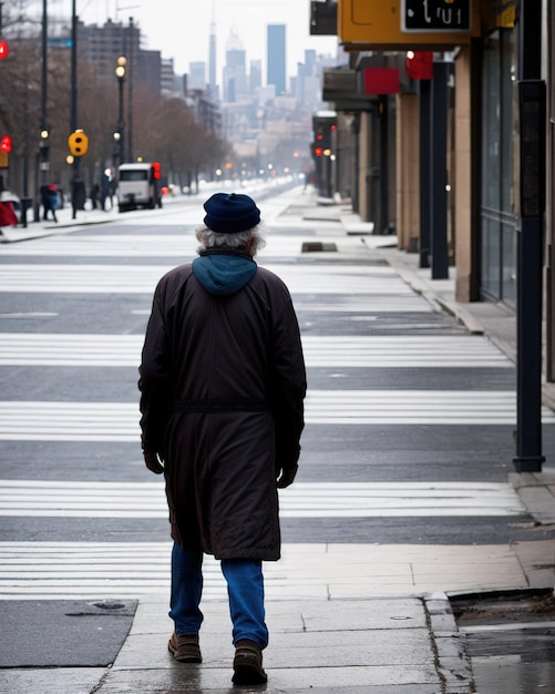 Homeless old man on the city streets from the back Generative AI