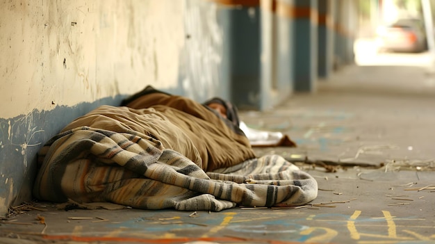 A homeless person is sleeping on the sidewalk They are covered in a blanket and their face is not visible The background is blurry and out of focus