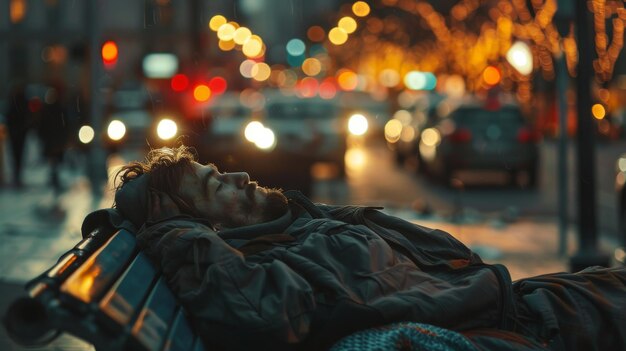 Photo a homeless person lying on a bench with city traffic in the background