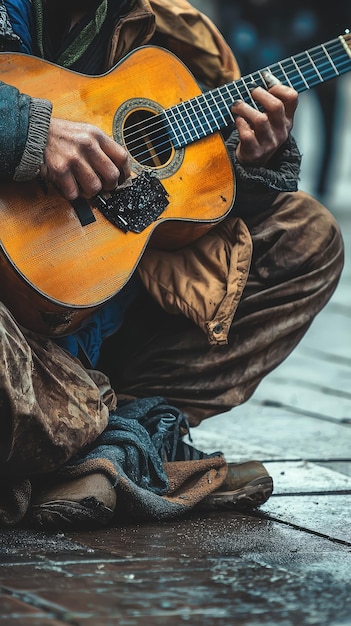 A homeless person playing musical instrument on street showcasing their talent and resilience scene captures emotional depth of music amidst challenging circumstances