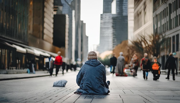 A homeless person sits on a sidewalk with a bag on the ground