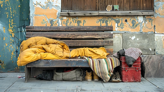 A homeless persons belongings are piled on a bench including a yellow sleeping bag a blanket a backpack a shoes